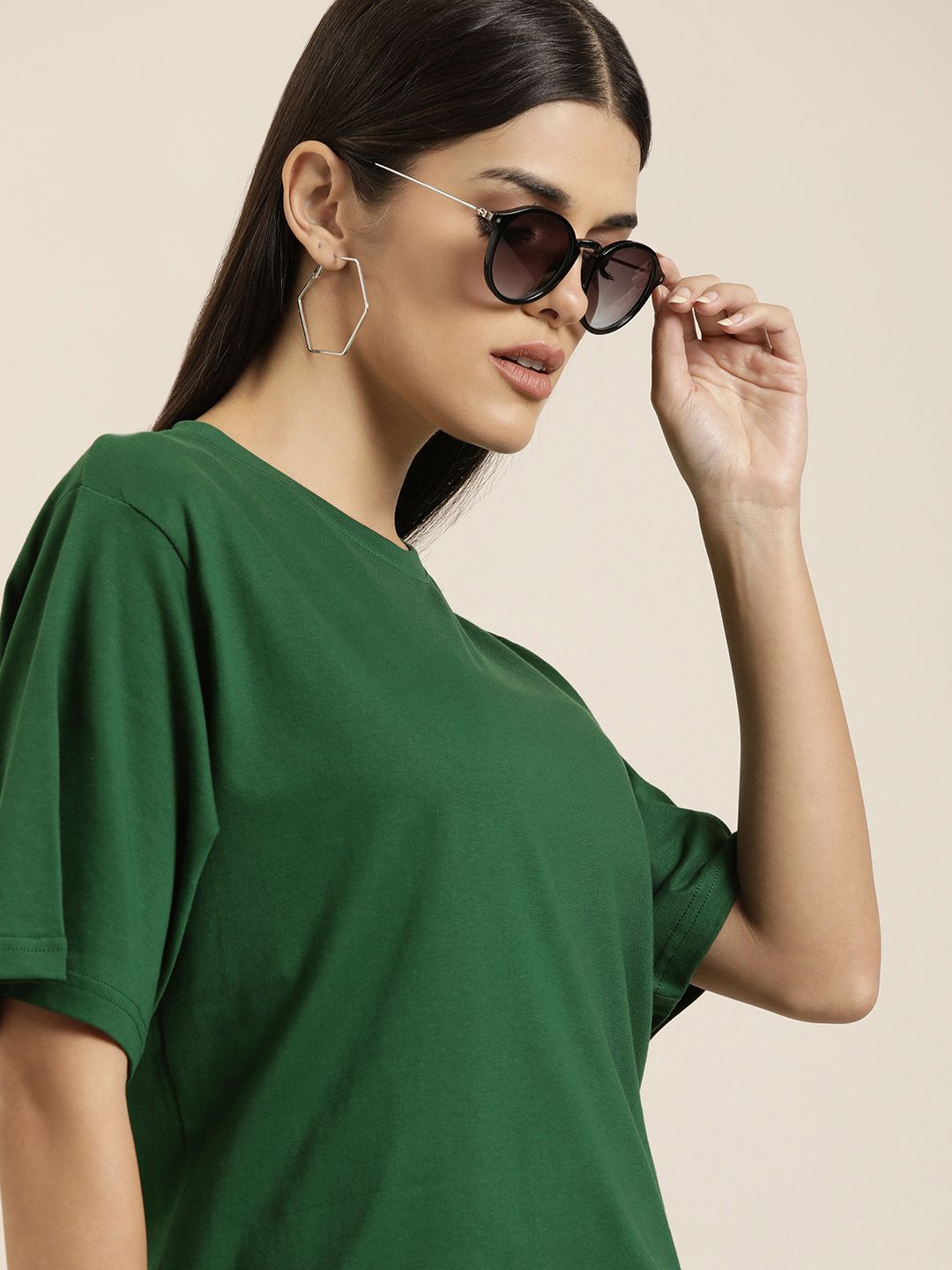 DILLINGER Women Green Solid Pure Cotton Oversized T-shirt