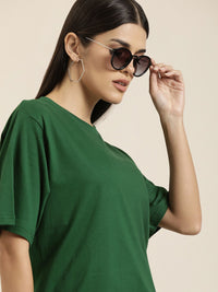 DILLINGER Women Green Solid Pure Cotton Oversized T-shirt