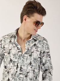 Thomas Scott Men Premium Fit Spread Collar Abstract Printed Cotton Casual Shirt