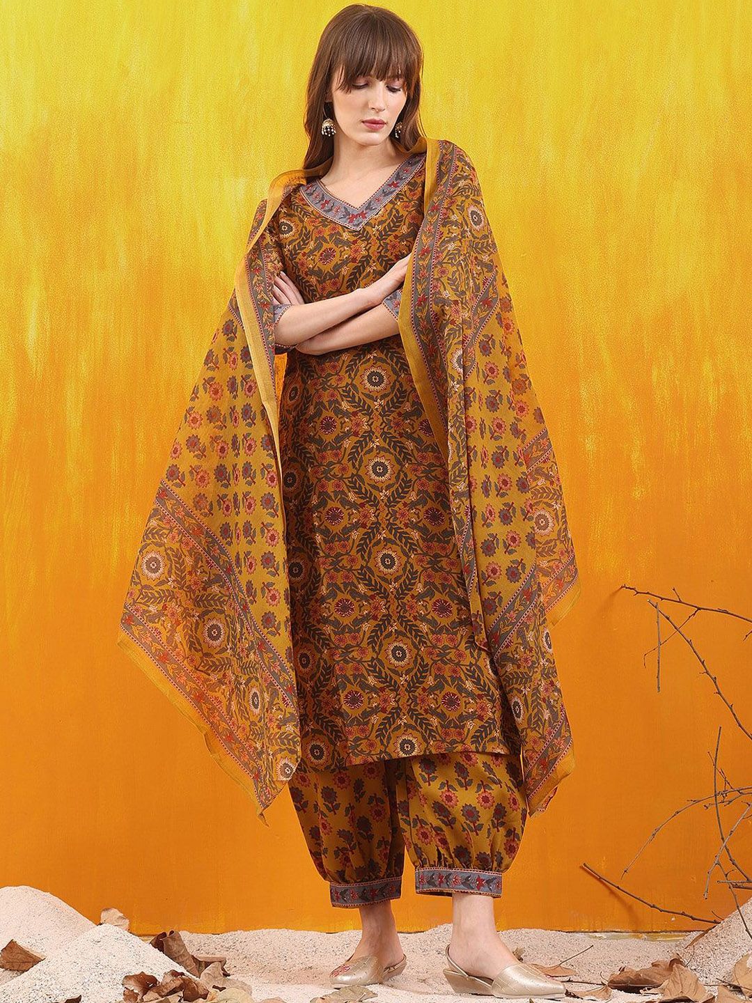 KALINI  Floral Printed V-Neck Straight Kurta With Salwar And Dupatta