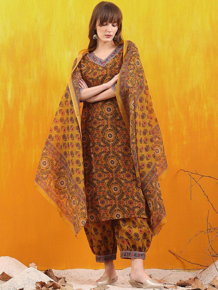 KALINI  Floral Printed V-Neck Straight Kurta With Salwar And Dupatta
