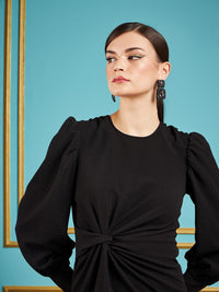 SASSAFRAS Black Self Design Puff Sleeves Gathered Detail Sheath Dress