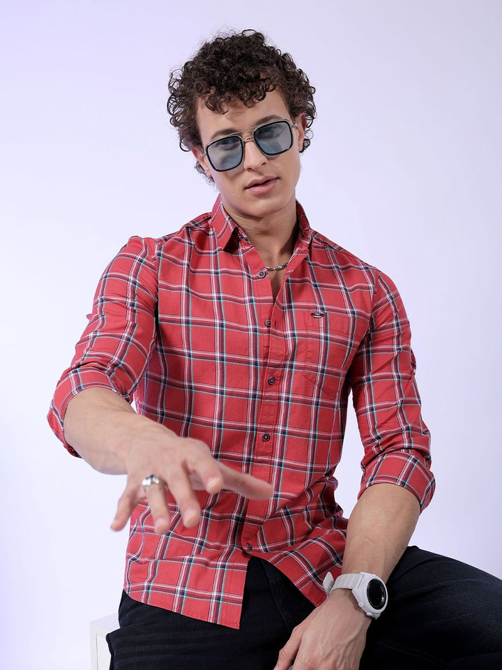 The Indian Garage Co Red Slim Fit Tartan Checked Pure Cotton Casual Shirt