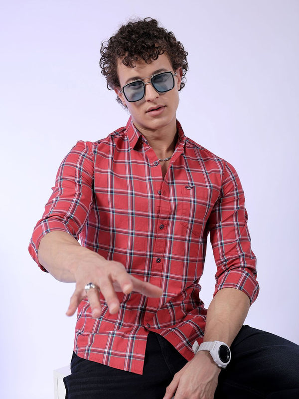 The Indian Garage Co Red Slim Fit Tartan Checked Pure Cotton Casual Shirt
