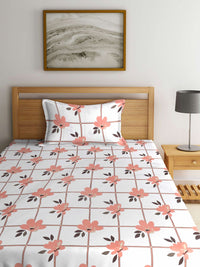 KLOTTHE White Floral Cotton 300 TC Fitted Single Fine Bedsheet with a Pillow Cover-59 x 89 inches