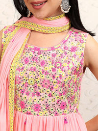Vishudh Pink Embroidered Thread Work Pure Cotton Anarkali Kurta With Trousers & Dupatta