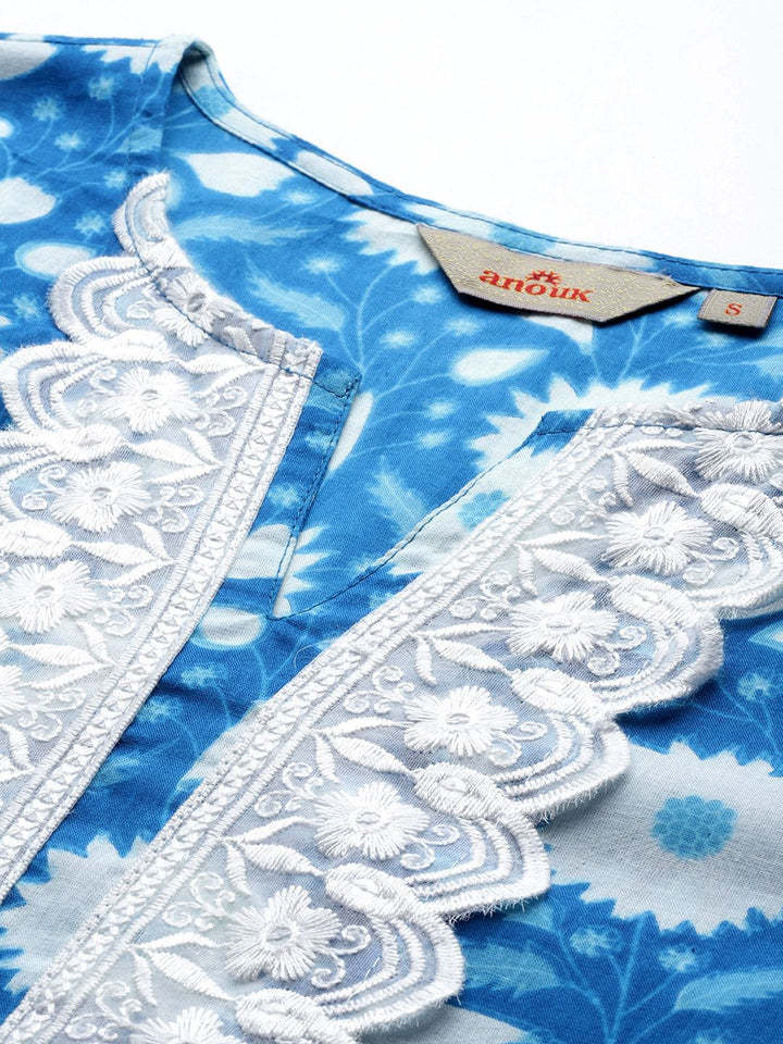 Anouk Floral Print Pleated Thread Work Kurta with Trousers & Dupatta