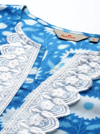 Anouk Floral Print Pleated Thread Work Kurta with Trousers & Dupatta