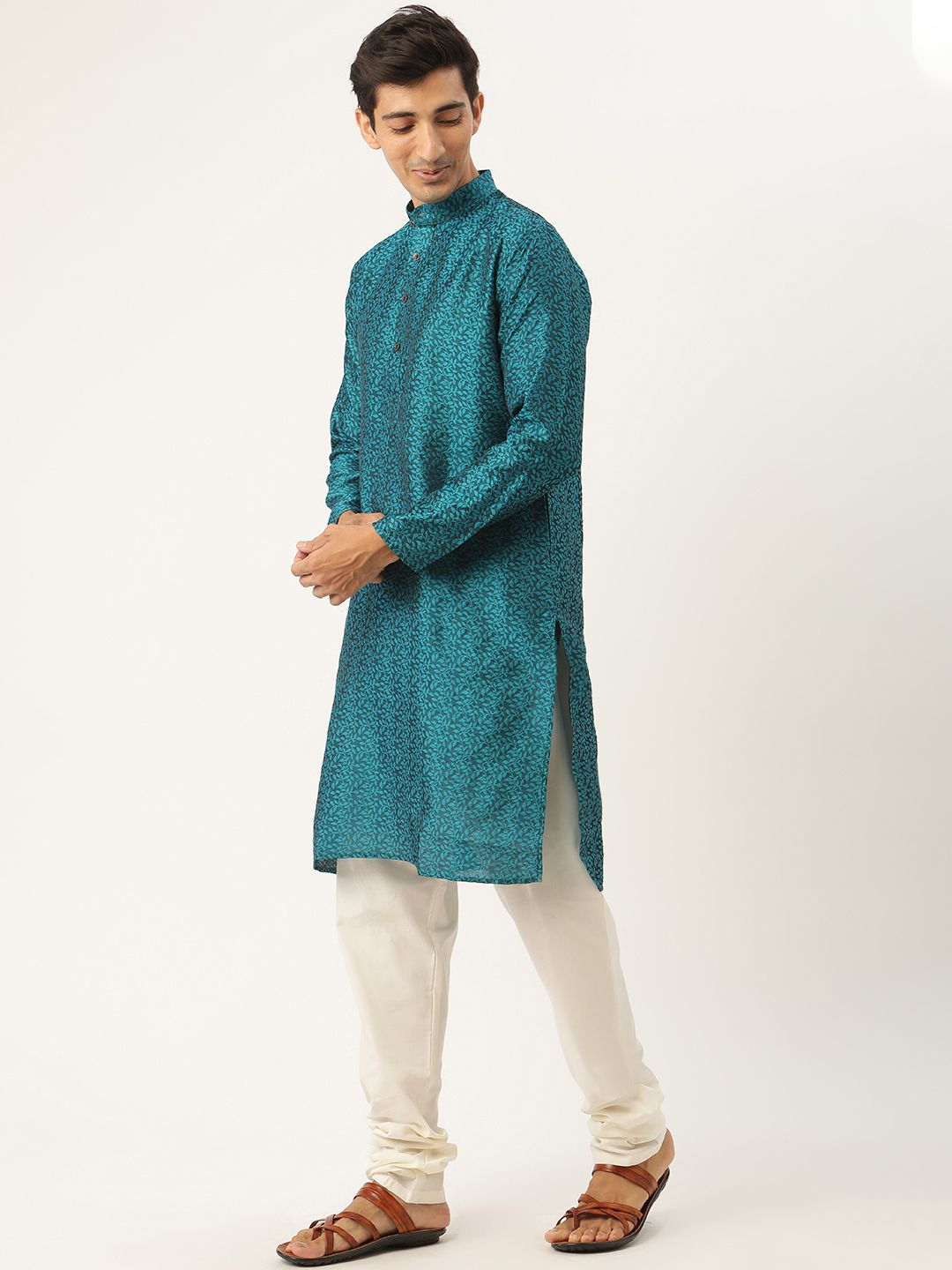 SOJANYA Men Teal Blue & Orange Woven Design Kurta with Churidar & Nehru Jacket