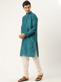 SOJANYA Men Teal Blue & Orange Woven Design Kurta with Churidar & Nehru Jacket