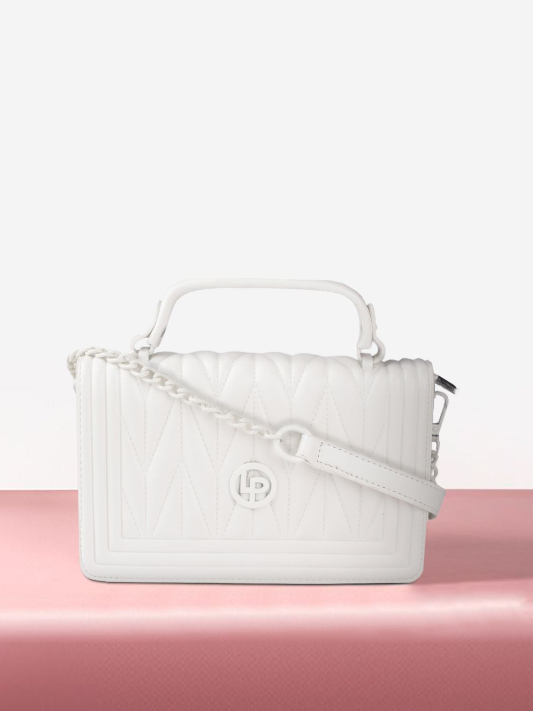 Lino Perros Women White Textured PU Structured Quilted Sling Bag