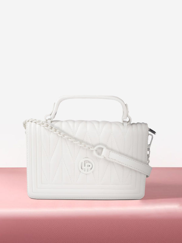 Lino Perros Women White Textured PU Structured Quilted Sling Bag