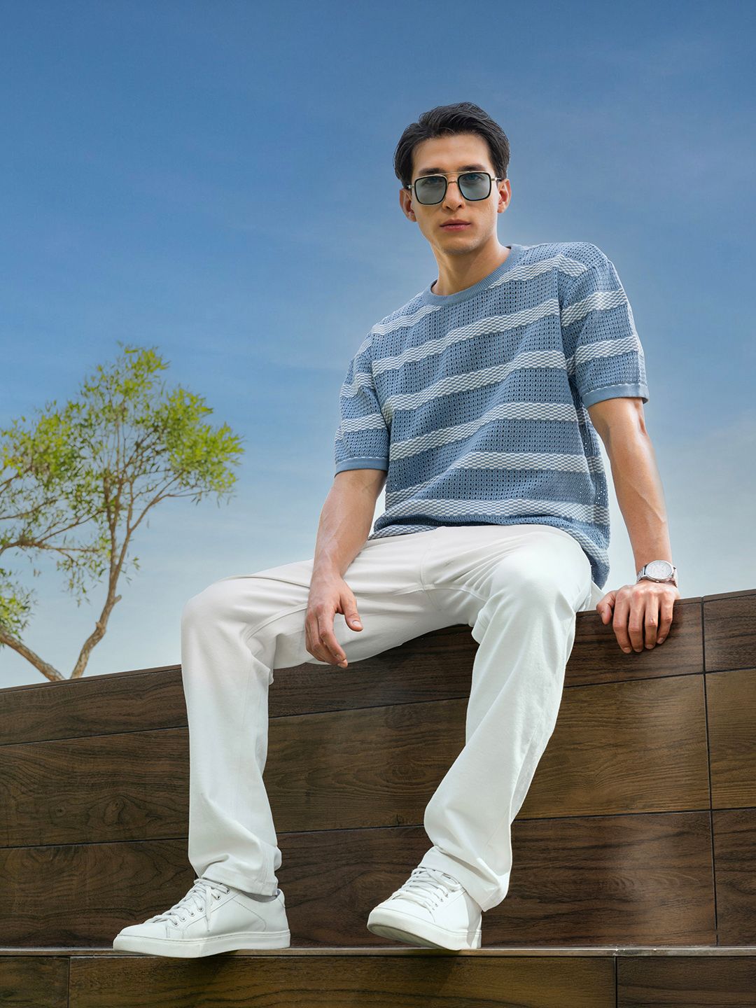 The Indian Garage Co Men Flat Knit Oversized Striped T-Shirt
