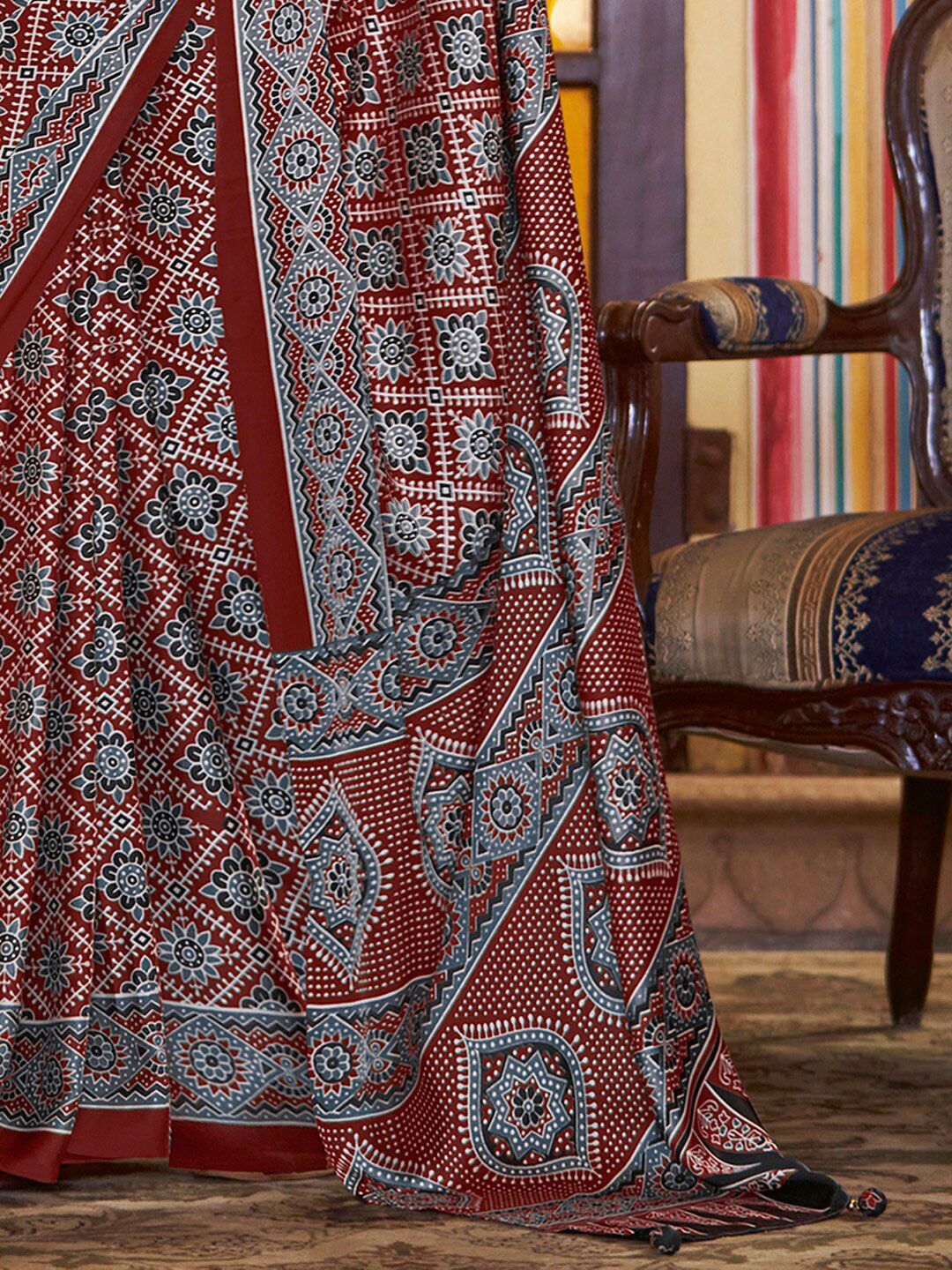 Saree mall modal Ajrak Block Poly Crepe Designer Bagru SareesWith Blouse Piece