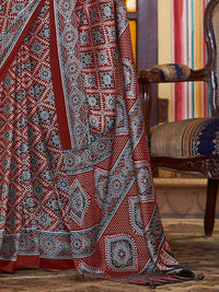 Saree mall modal Ajrak Block Poly Crepe Designer Bagru SareesWith Blouse Piece
