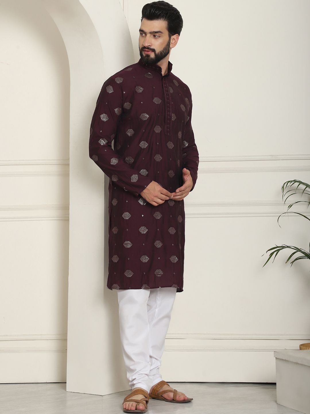SOJANYA Geometric Embroidered Sequinned Cotton Silk Straight Kurta With Churidar
