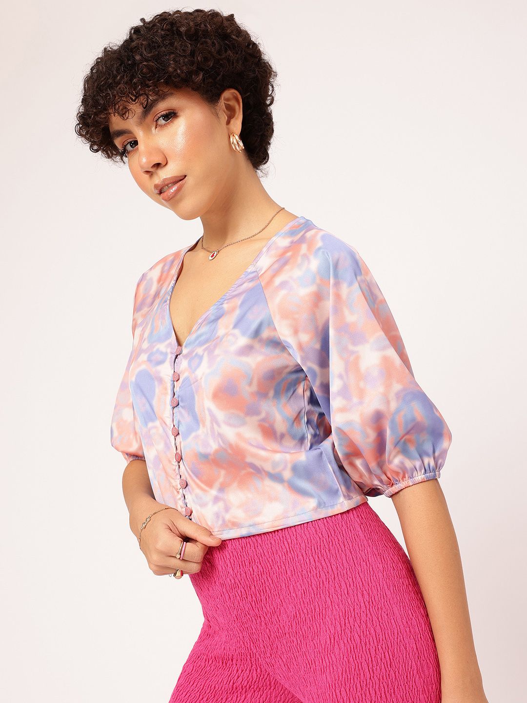 DressBerry Abstract Art Printed Puff Sleeve Shirt Style Crop Top