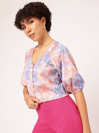 DressBerry Abstract Art Printed Puff Sleeve Shirt Style Crop Top