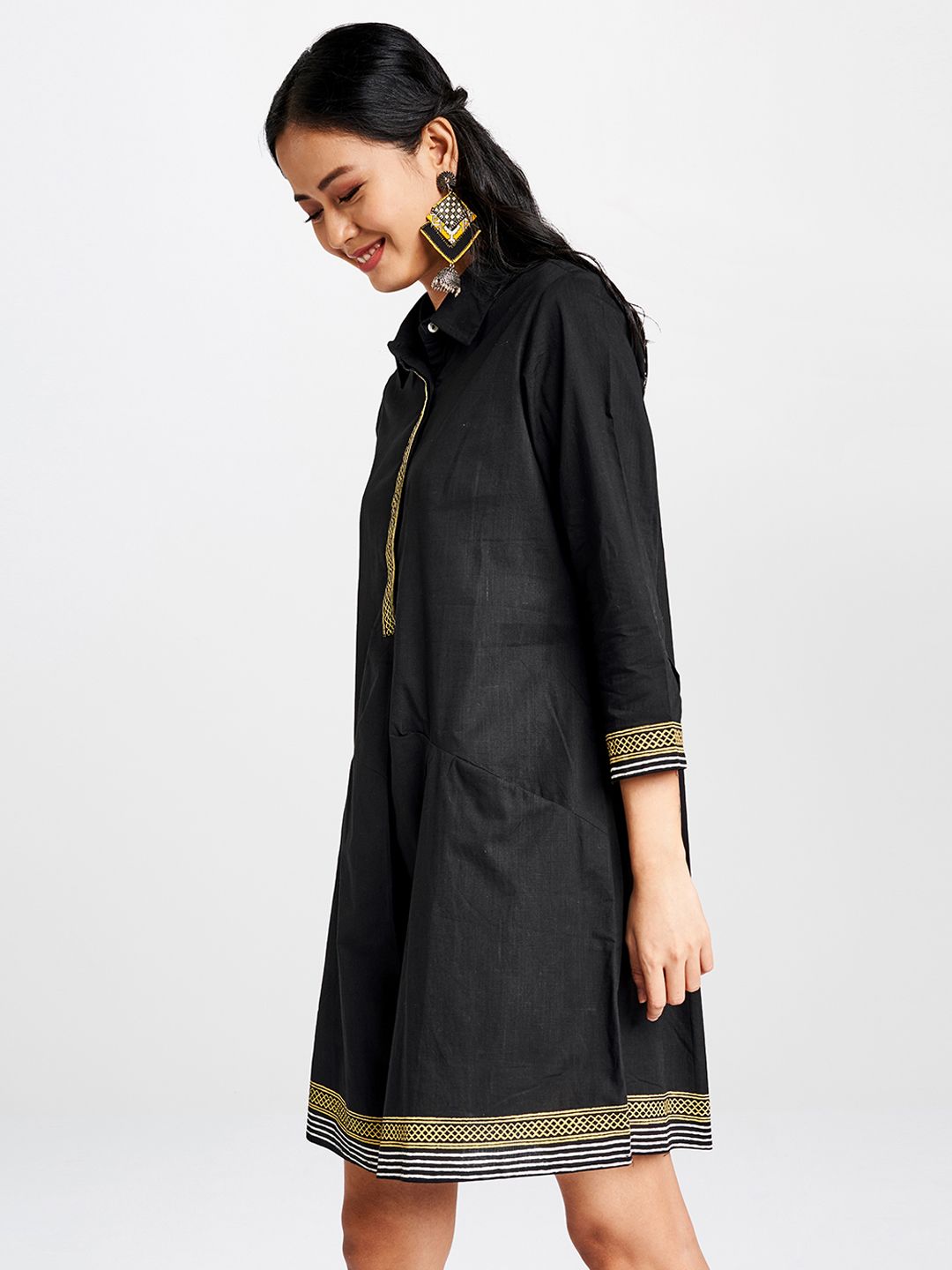 Global Desi Women Black Printed A-Line Dress