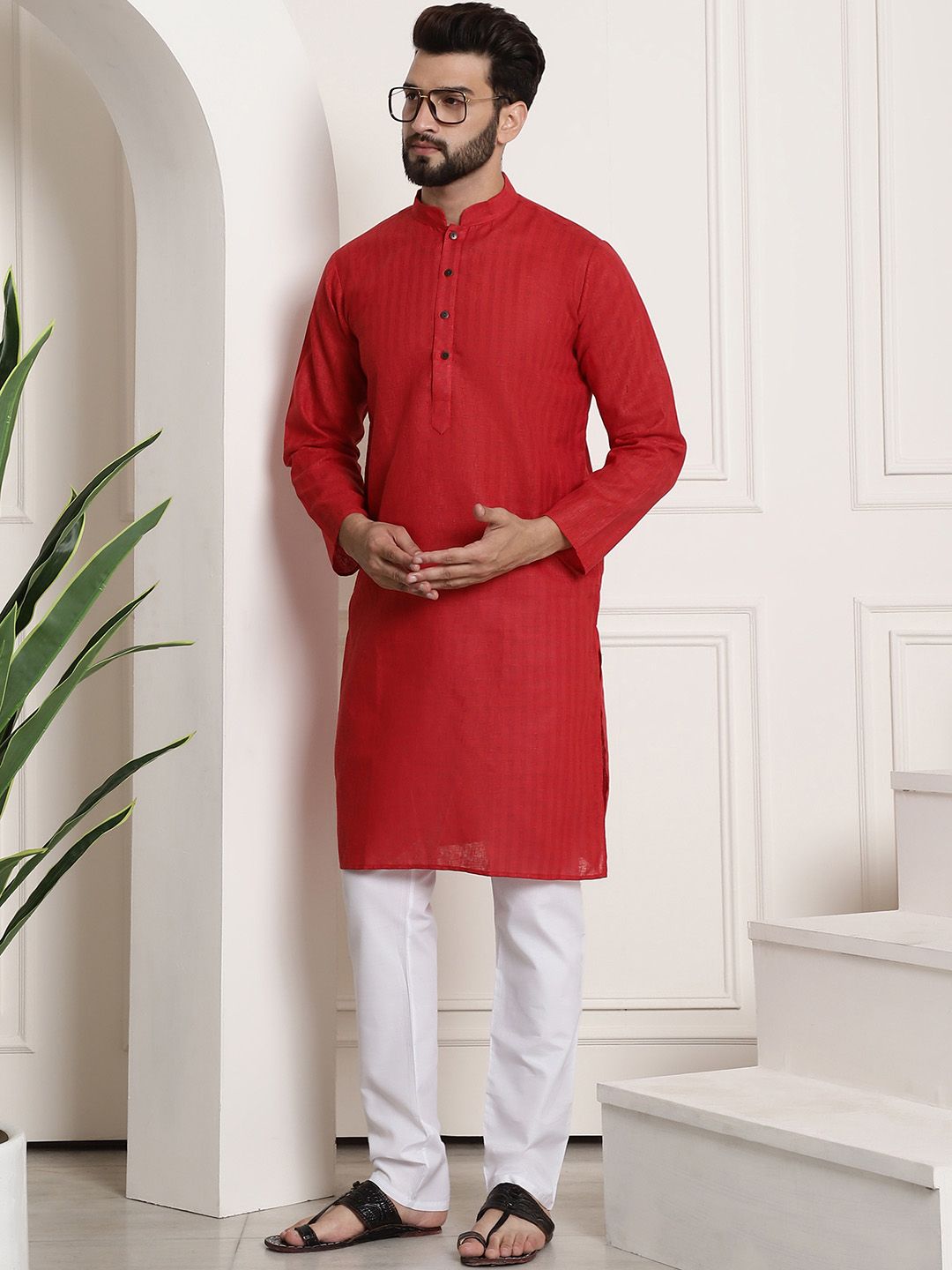 SOJANYA Checked Mandarin Collar Long Sleeves Straight Kurta
