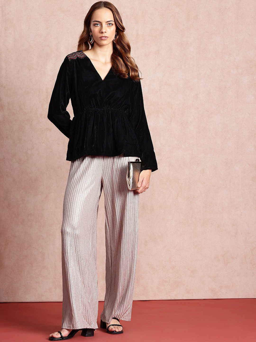 all about you V-Neck Sequined Detail Velvet Cinched Waist Top