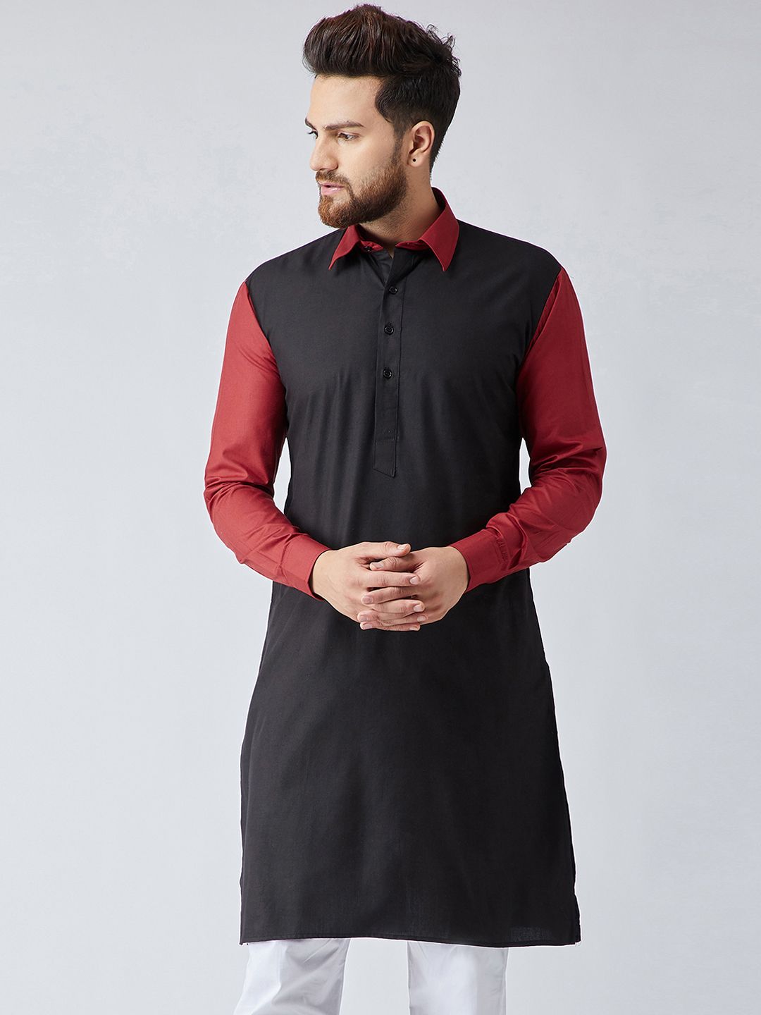 SOJANYA Lelaki Black & Maroon Colourblocked Straight Kurta