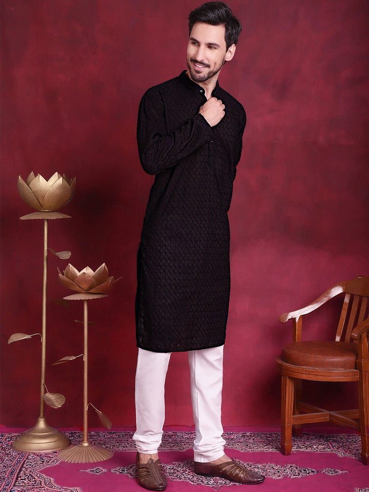 Jompers Geometric Embroidered Band Collar Pure Cotton Chikankari Straight Kurta