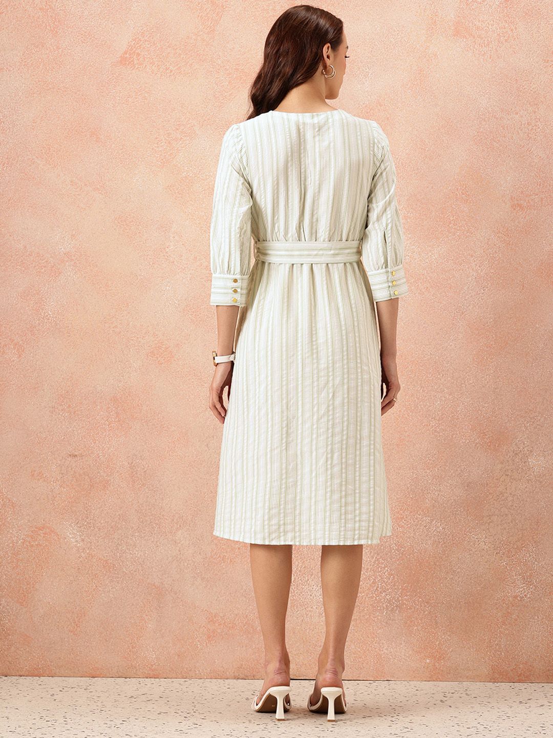 all about you Vertically Striped Seersucker Wrap-Style Midi A-Line Dress with Belt