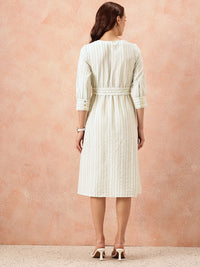 all about you Vertically Striped Seersucker Wrap-Style Midi A-Line Dress with Belt