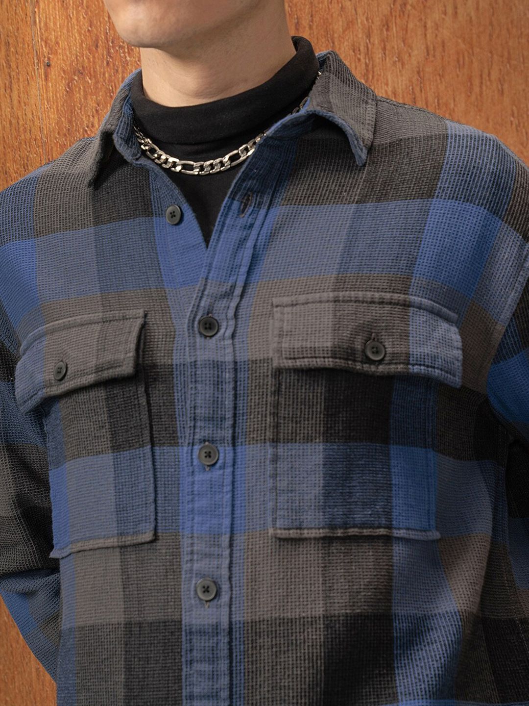 Locomotive Premium Men Blue Waffle Dobby Textured Checked Utility Pocket Overshirt