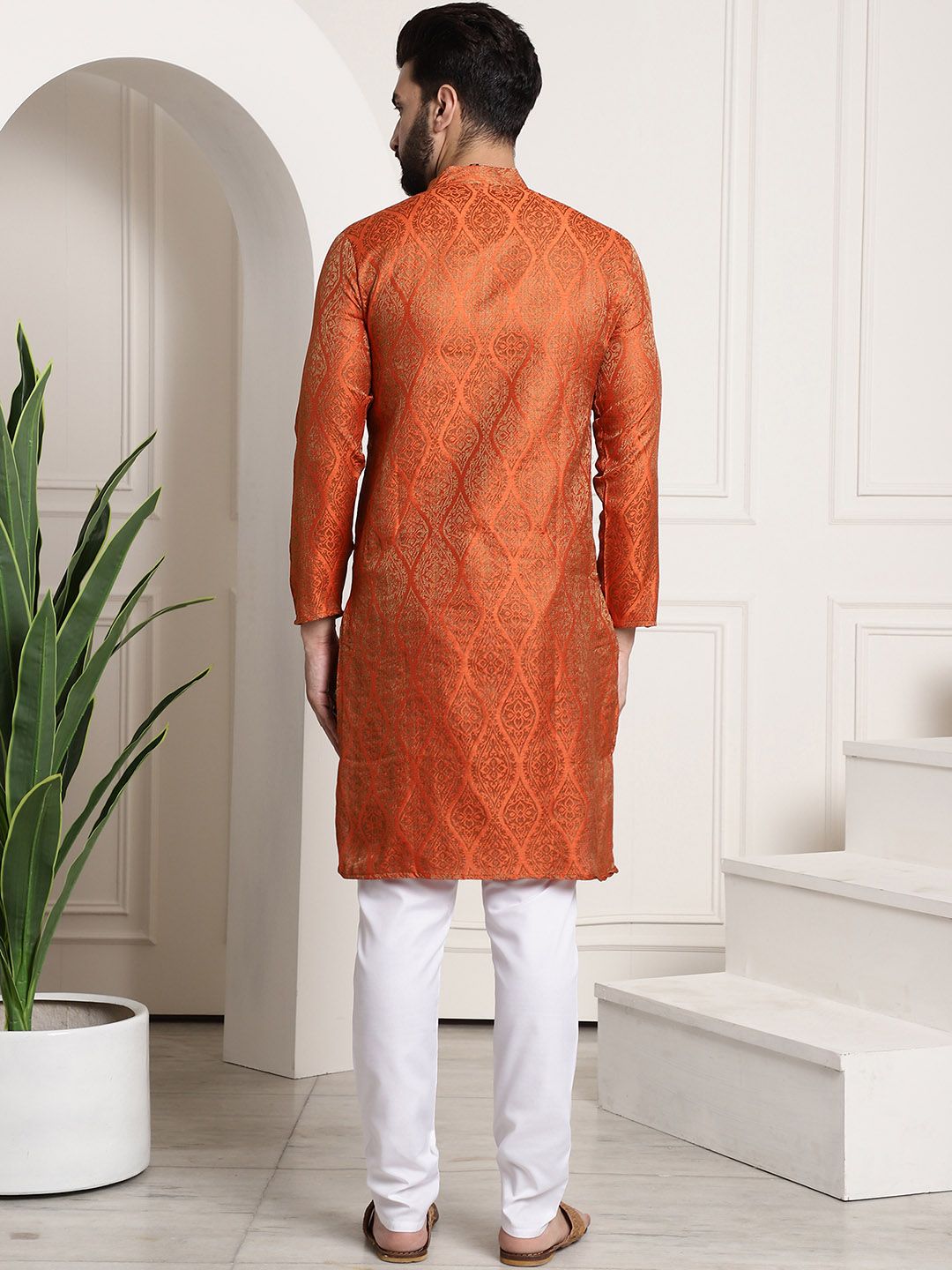 SOJANYA Men Orange & Golden Ethnic Motifs Woven Design Kurta with Churidar