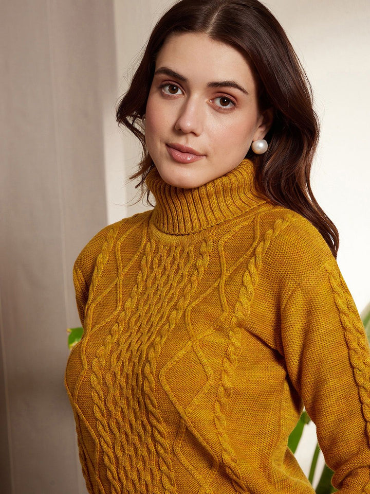Berrylush Mustard Yellow Cable Knit Self Design Turtle Neck Acrylic Pullover Sweater