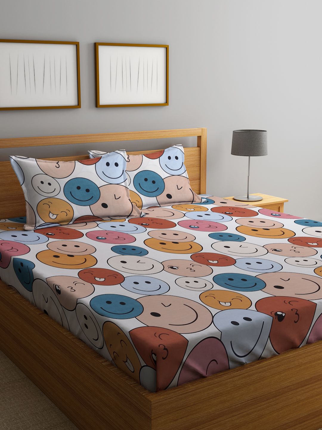 KLOTTHE White & Blue Cartoon Characters 300 TC Fitted King Bedsheet with 2 Pillow Covers