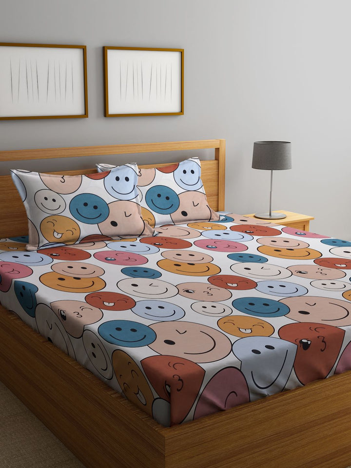 KLOTTHE White & Blue Cartoon Characters 300 TC Fitted King Bedsheet with 2 Pillow Covers