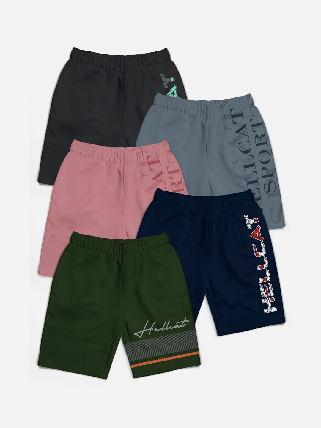 HELLCAT Boys Pack of 5 Typography Printed Shorts