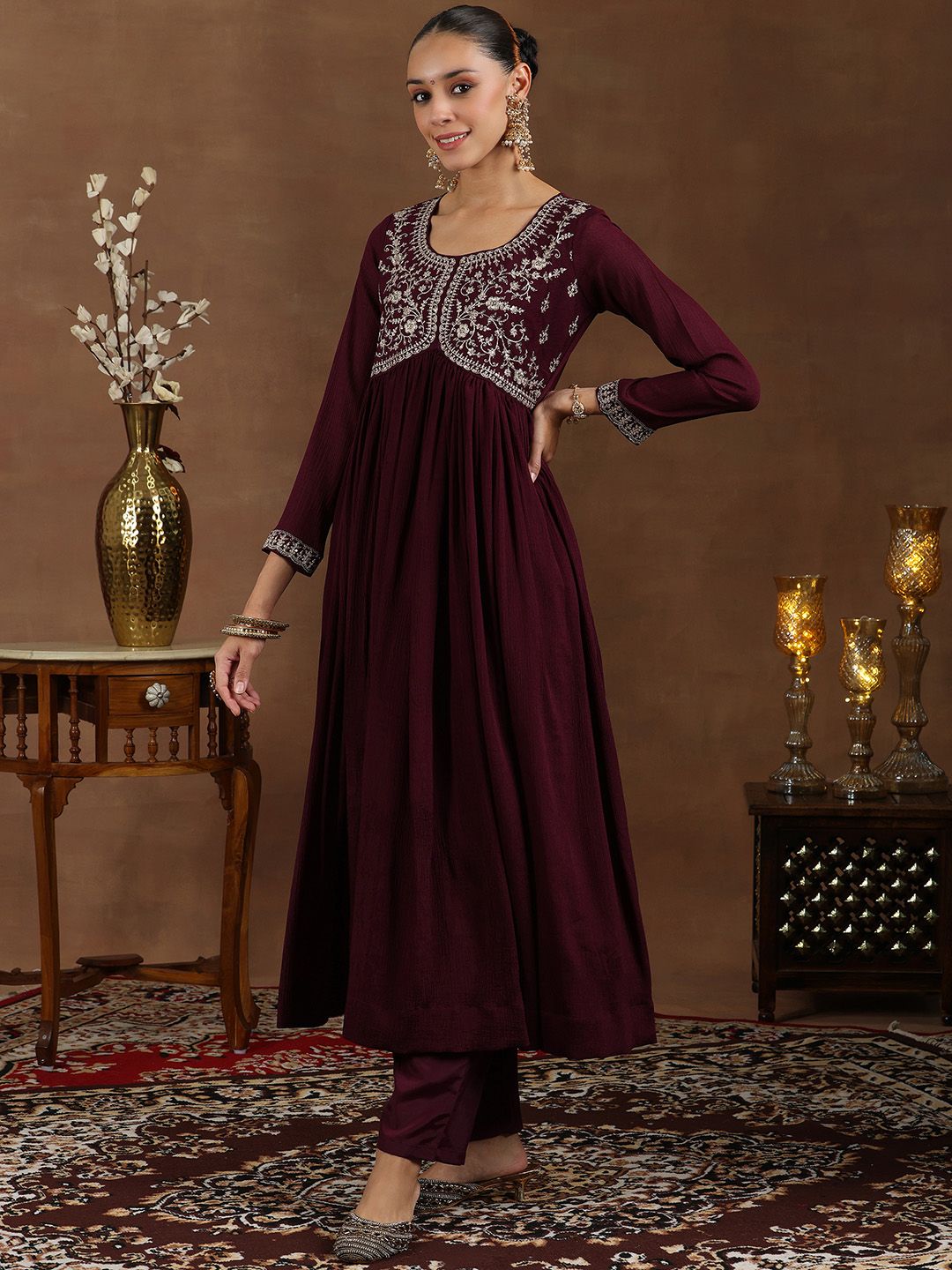 Libas Floral Yoke Design Pleated Sequinned A-Line Kurta With Trouser & Dupatta