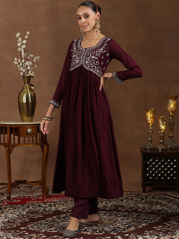 Libas Floral Yoke Design Pleated Sequinned A-Line Kurta With Trouser & Dupatta
