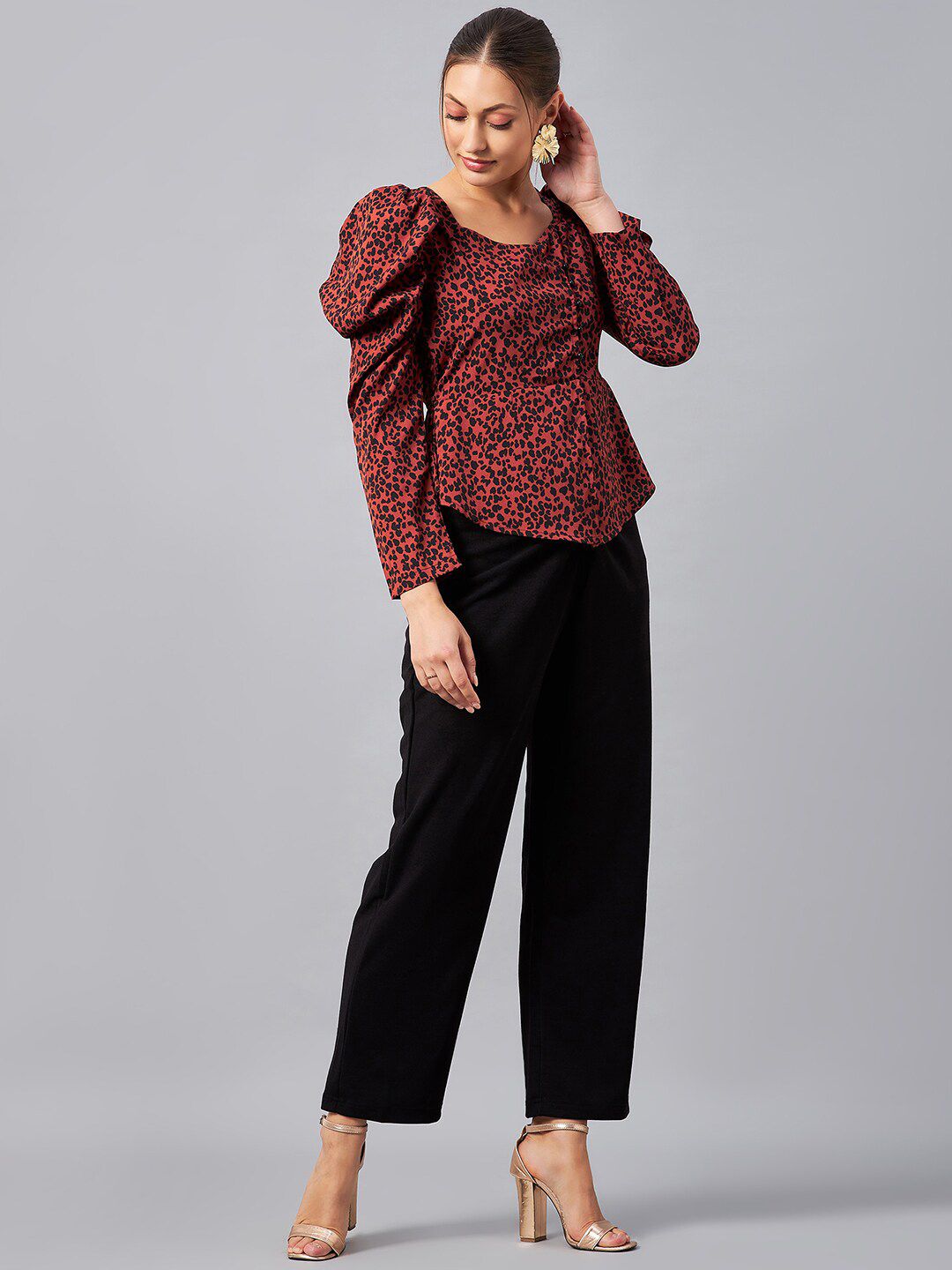 Antheaa Rust Red & Black Animal Printed Sweetheart Neck Top and Trousers