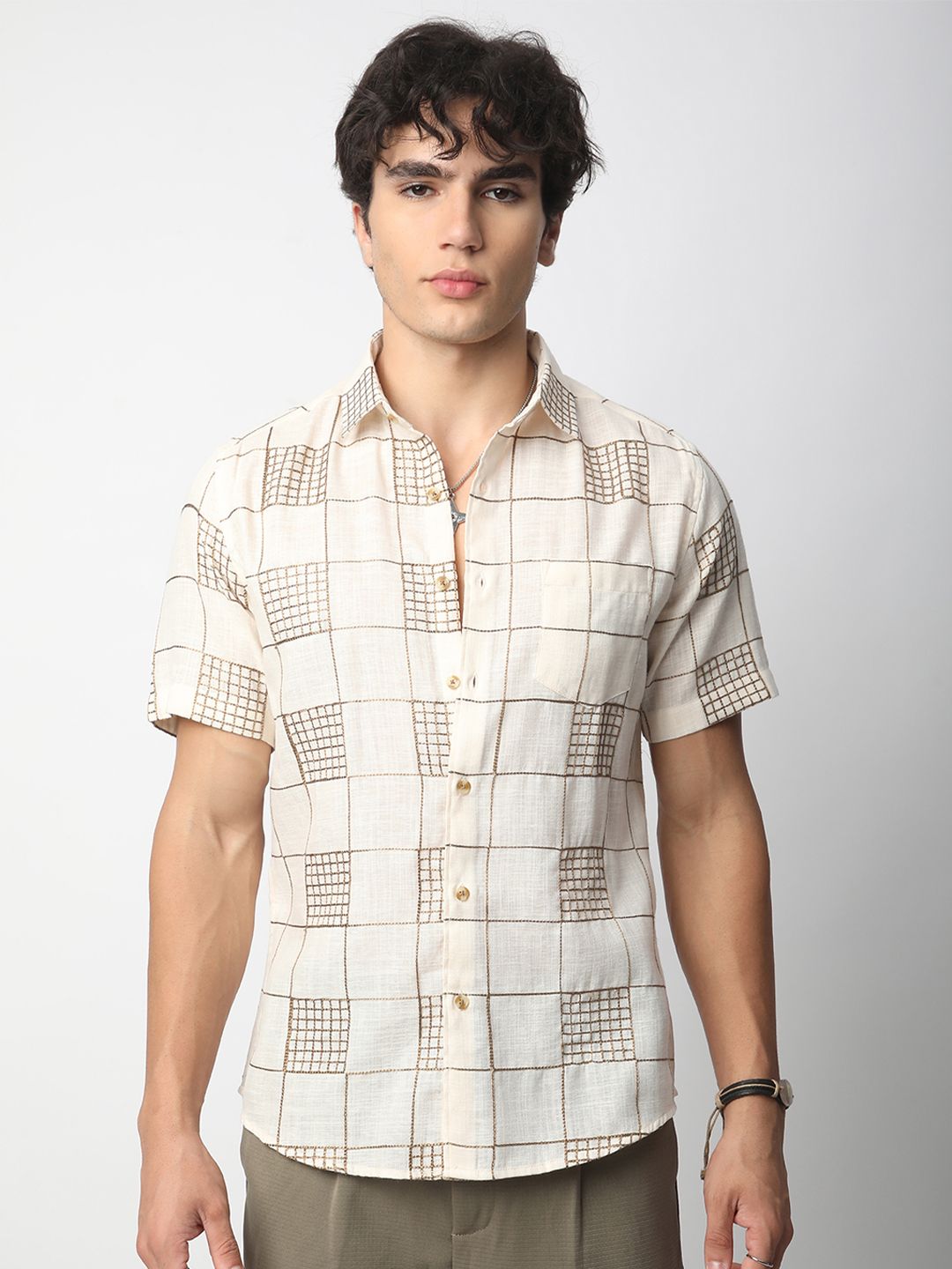 VASTRADO Men Classic Spread Collar Textured Cotton Slim Fit Casual Shirt