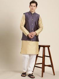 SOJANYA Lelaki Beige Striped Thread Work Straight Kurta Churidar dengan Tenunan Jaket Nehru