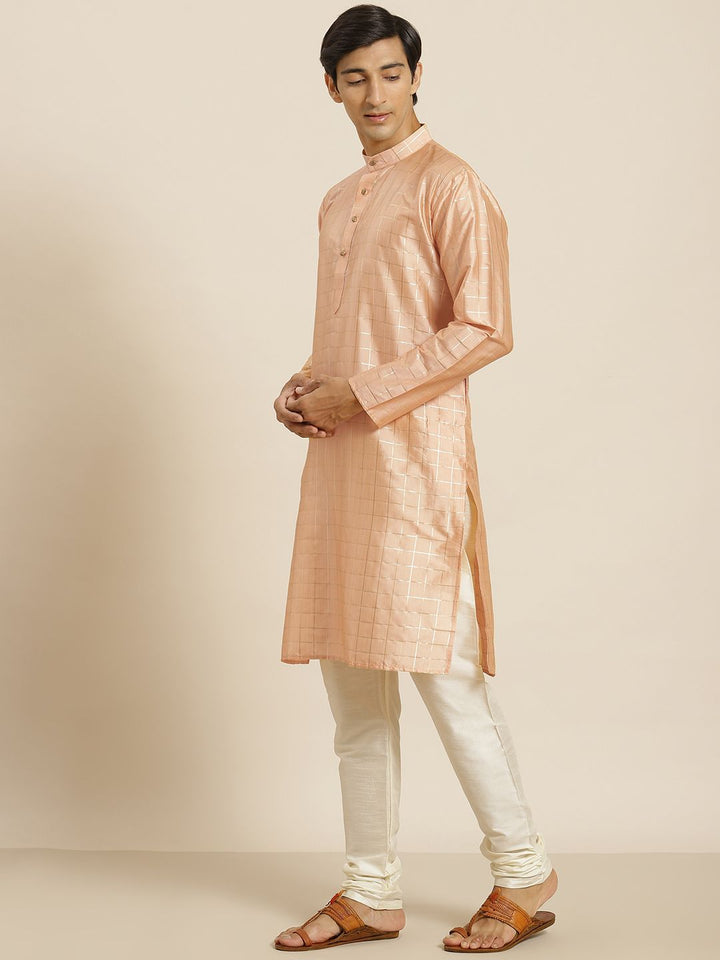 SOJANYA Kurta Berwarna Peach & Golden Checked Lelaki