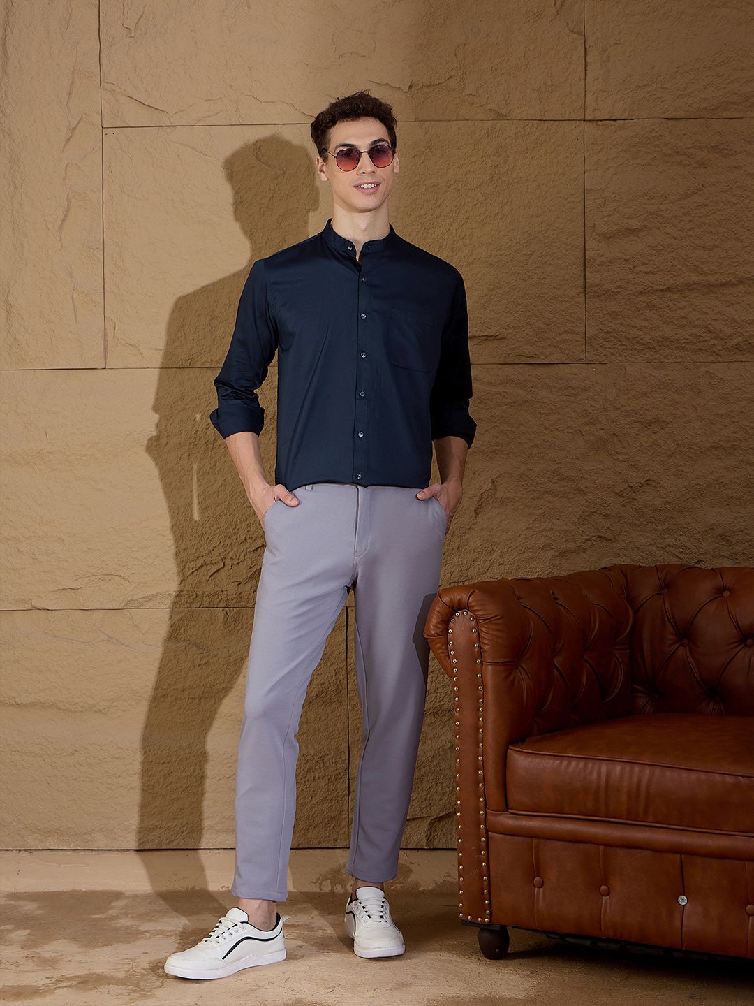 DENNISON Men Smart Mandarin Collar Solid Cotton Casual Shirt