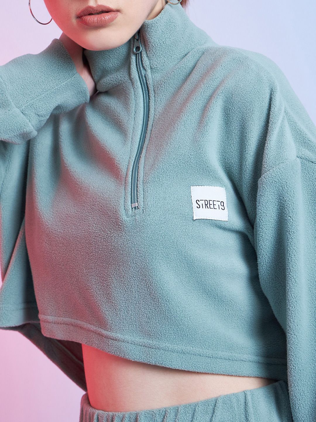 STREET 9 Green Mock Collar Crop Sweatshirt