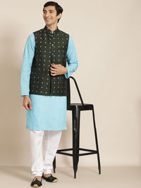 SOJANYA Kurta Kapas Tulen Chikankari Biru Lelaki dengan Jaket Churidar & Nehru