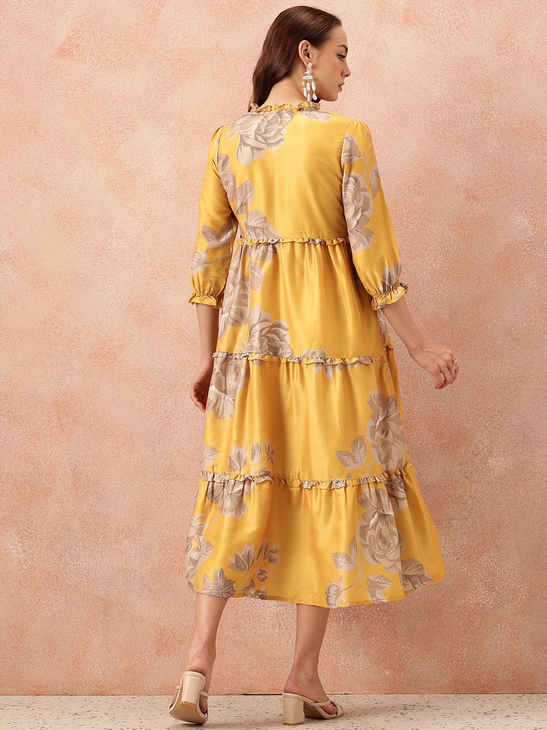 all about you Floral Printed Ruffled Detail Tiered Wrap-Style Midi Fit & Flare Dress