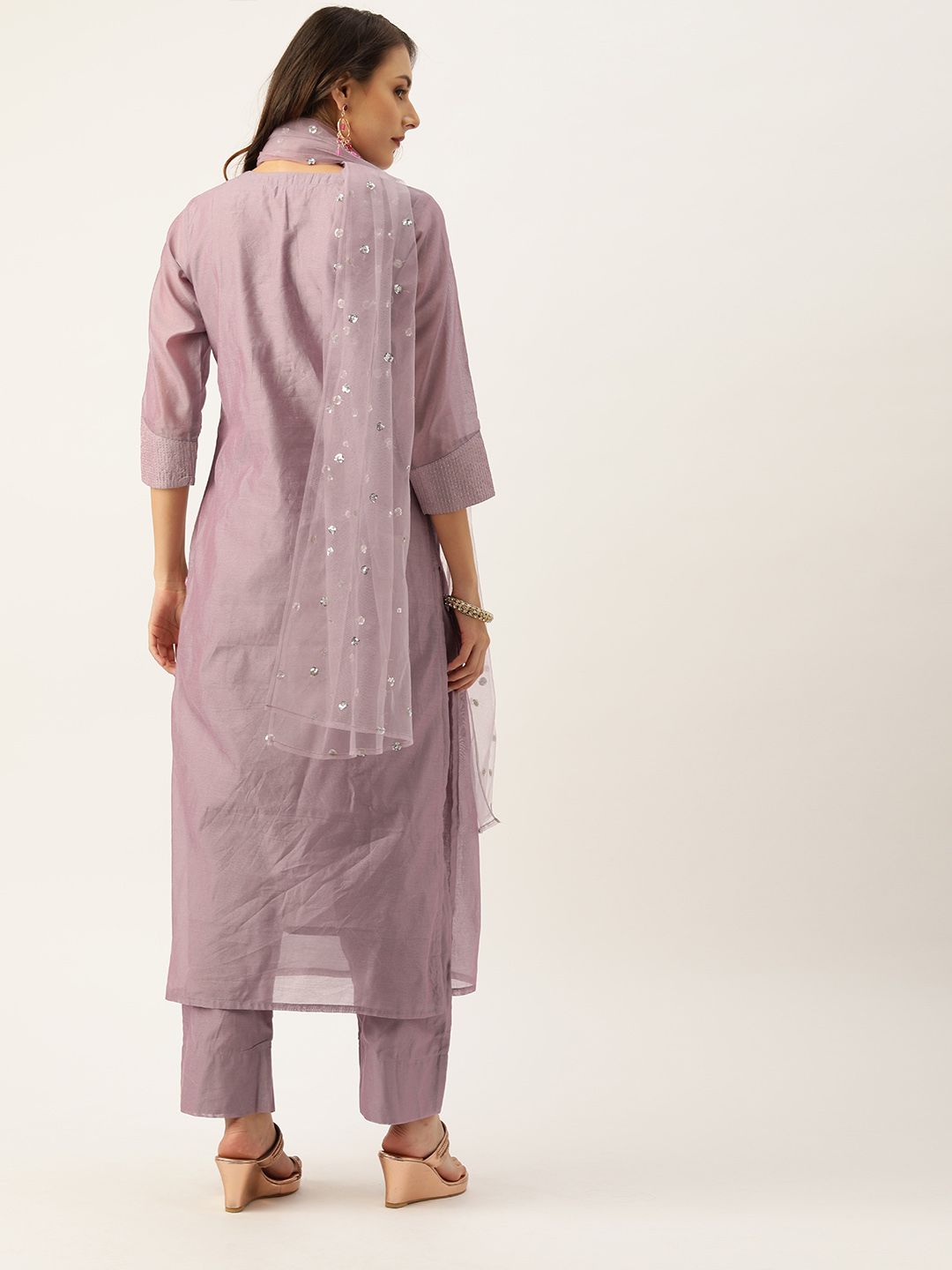 Varanga Mauve Floral Zari Yoke Design Chanderi Silk Kurta with Trousers & Sequin Dupatta