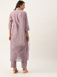 Varanga Mauve Floral Zari Yoke Design Chanderi Silk Kurta with Trousers & Sequin Dupatta
