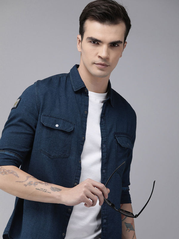 SPYKAR Men Slim Fit Textured Opaque Self Design Pure Cotton Casual Shirt With Applique