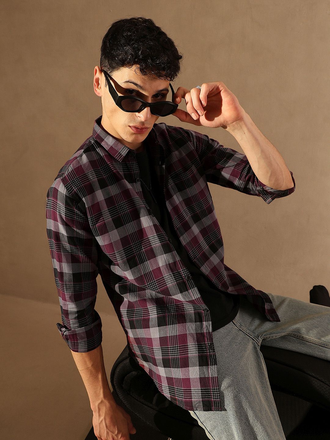 DENNISON Smart Tartan Checked Spread Collar Casual Shirt