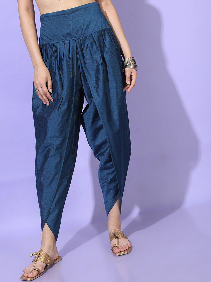 Vishudh Women Teal Ethnic Motifs Embroidered Angrakha Kurti with Dhoti Pants
